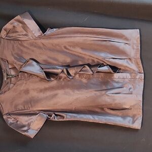 BCBG MaxAzria women's Chocolate brown silk/cotton ruffle button up blouse sz S.